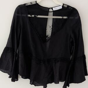 Alice McCall Black Sheer Peplum Bell Sleeve Blouse - size 6